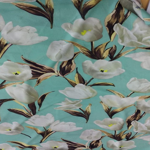 Flying Tulips (Aqua And White) Print On Snake Crepe-SCPS10