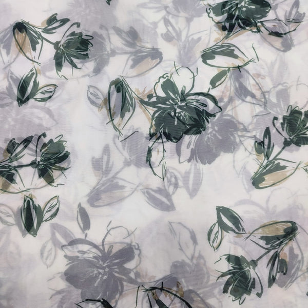 Green Leaf In White Base Print On Organza-ORPA54