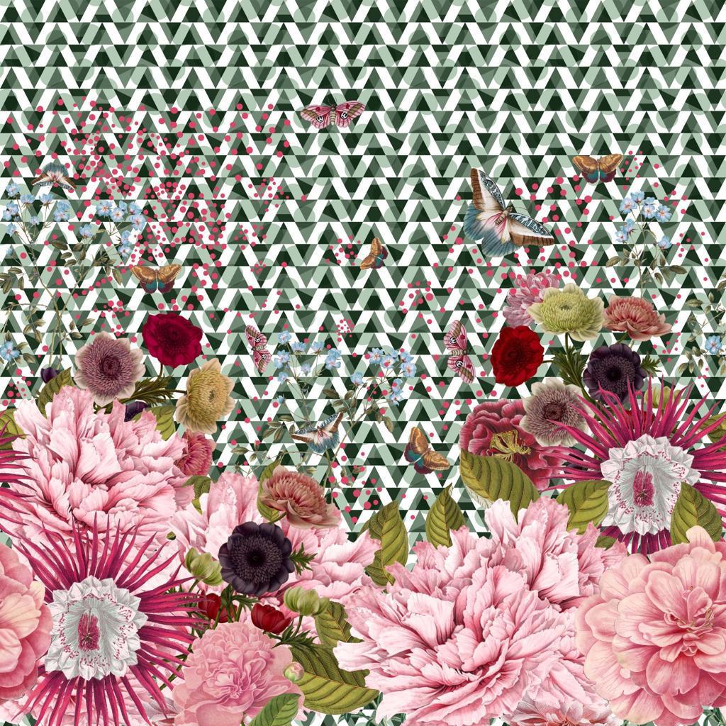 Border Flower Print On Korean Satin-KSPB128