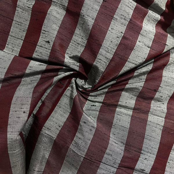 Raw Silk Dupion-Grey & Maroon-Stripes