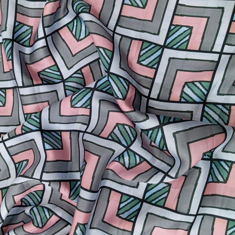 Pink Geometrical Box Print On Korean Satin KSPB69