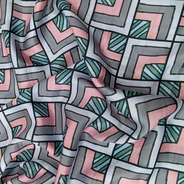 Pink Geometrical Box Print On Korean Satin KSPB69