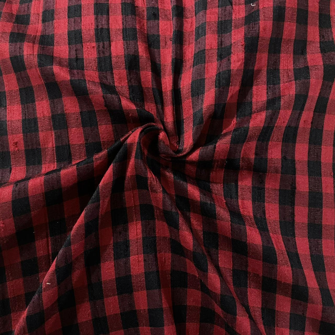 Raw Silk Dupion-Black & Red-Check
