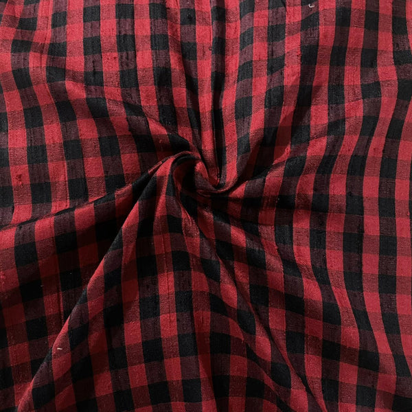 Raw Silk Dupion-Black & Red-Check