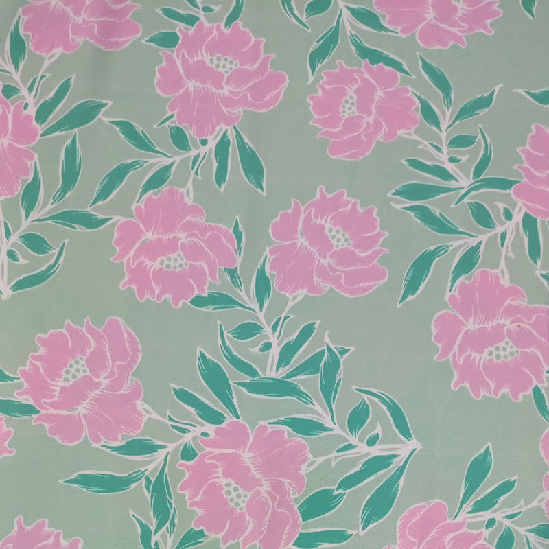 Pink Flower & Leaf Print On Korean Satin KSPL21