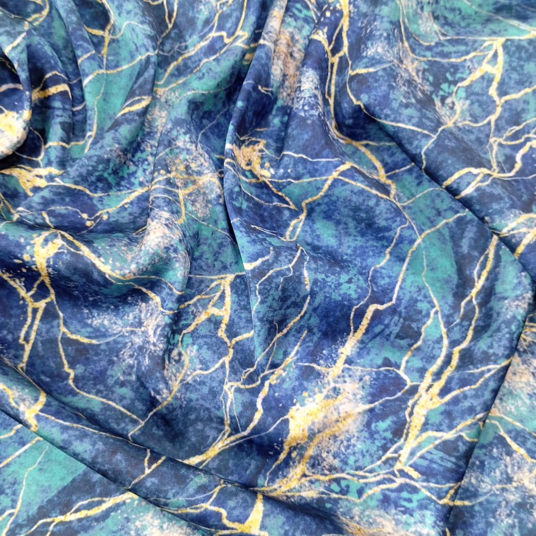 Royal Blue Marble Print On Korean Satin KSPA01