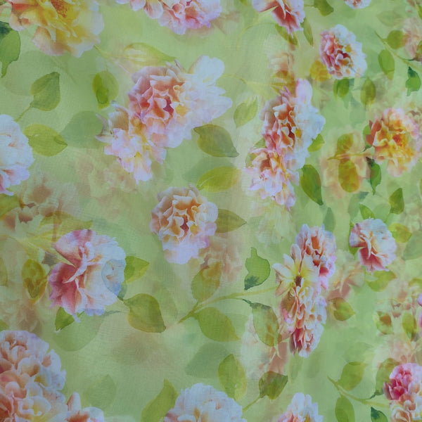 Green Base Pastel Flower Print On Organza-ORPA45