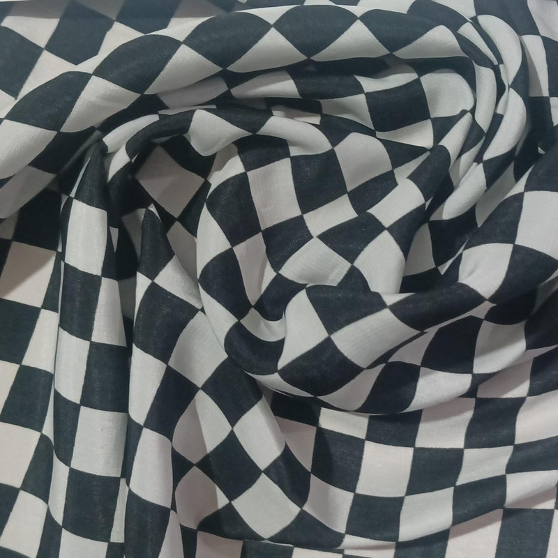 White & Black Check Print On Sandwash Crepe