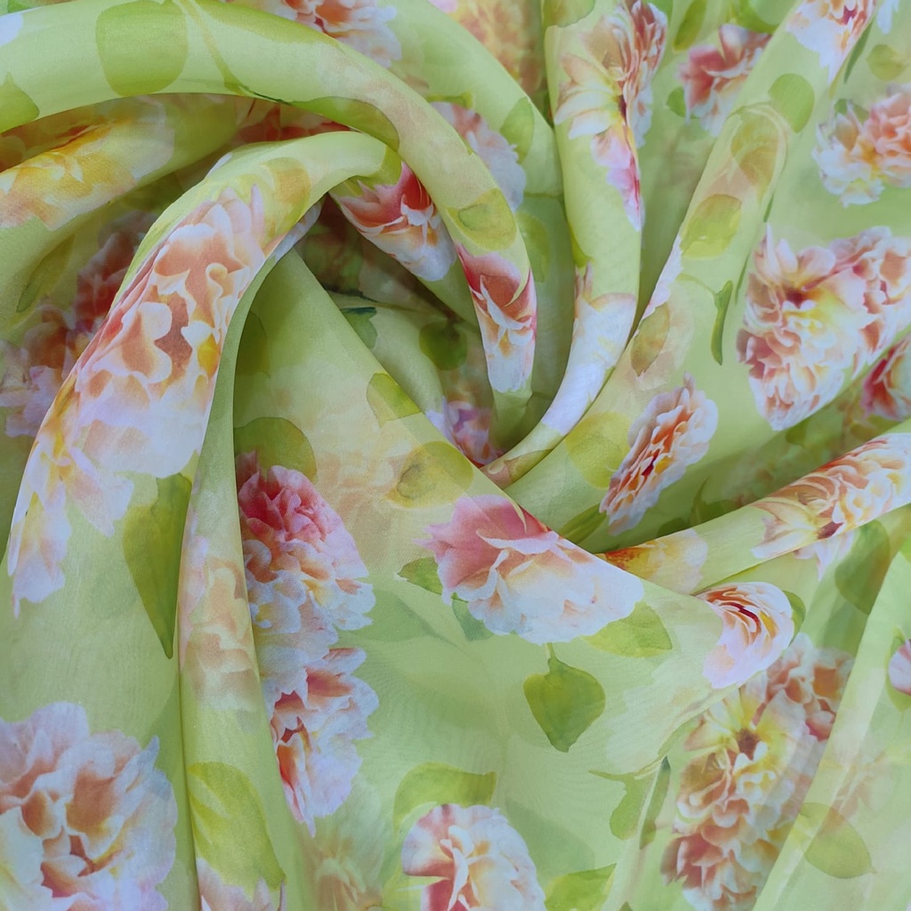 Green Base Pastel Flower Print On Organza SS22A-ORPA45