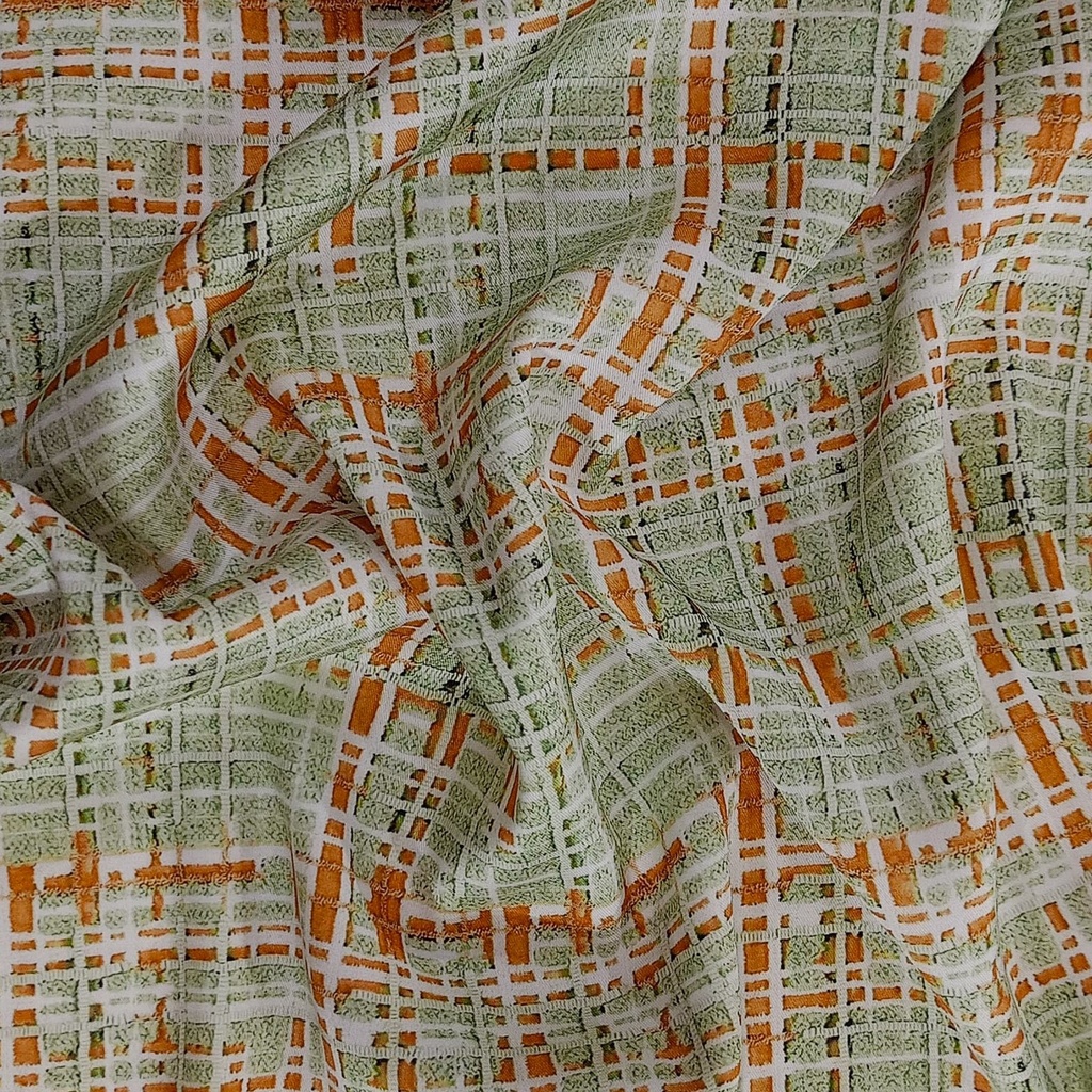 Green Orange Check Print On Twill Satin TPB109 (PA01C#1)