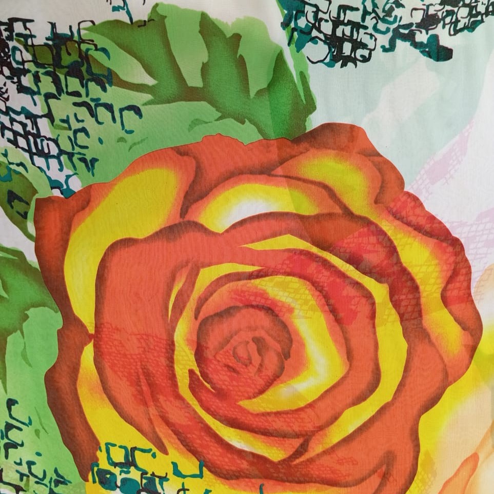 Orange & White Rose Print On Habutai Satin S24 HSPS22