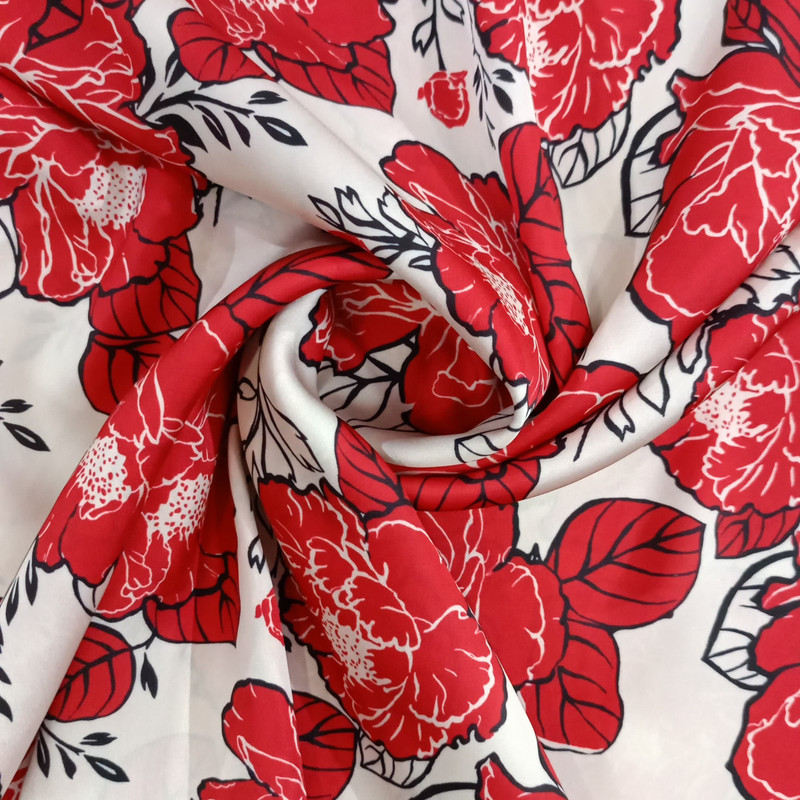 Red Flower Print On Korean Satin SS22L-KSPL40