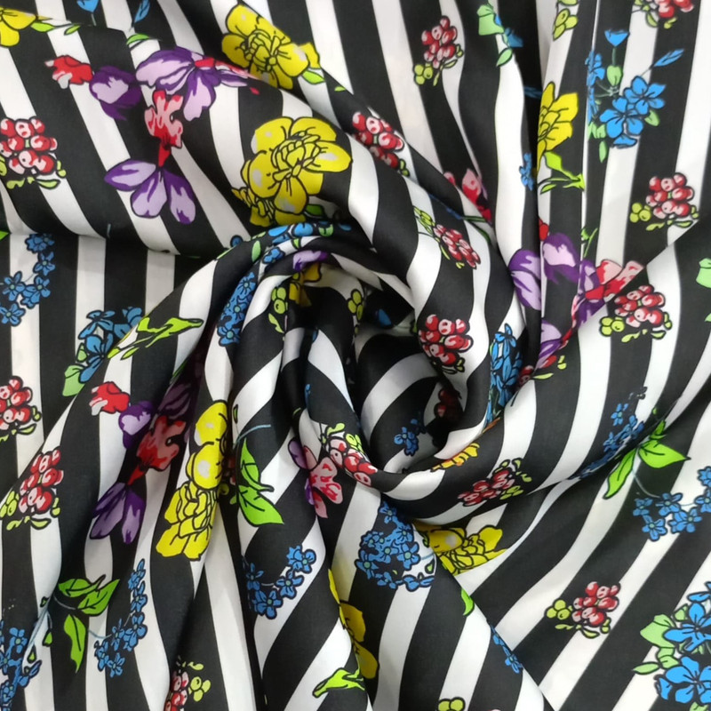 Flowered Black and White Stripes Print On Korean Satin S3-KSPS40