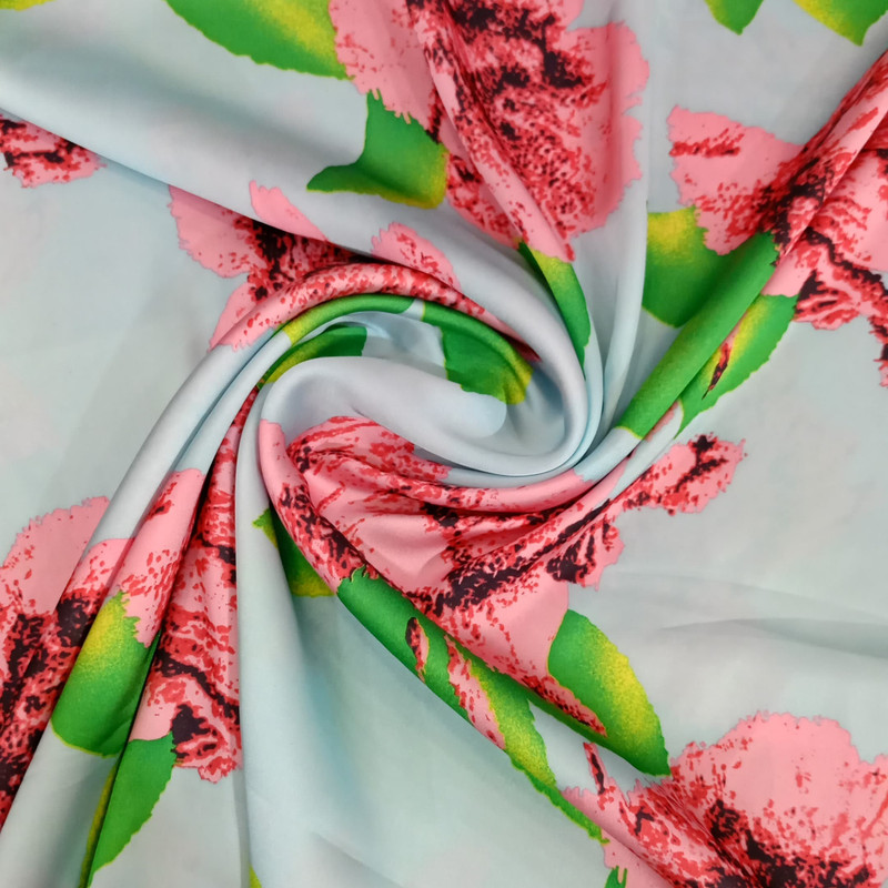 Pink Flower Print On Korean Satin S23-KSPS90