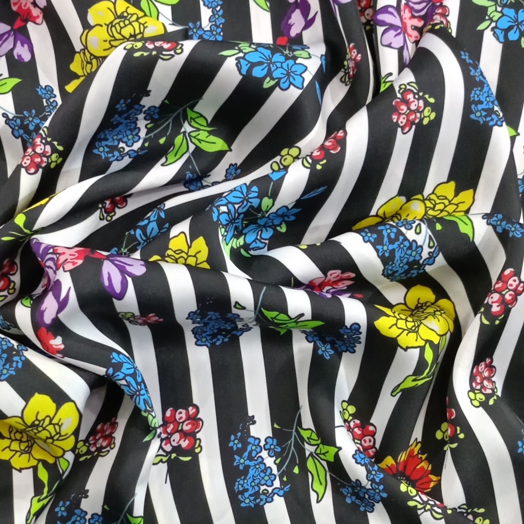 Flowered Black and White Stripes Print On Korean Satin S3-KSPS40