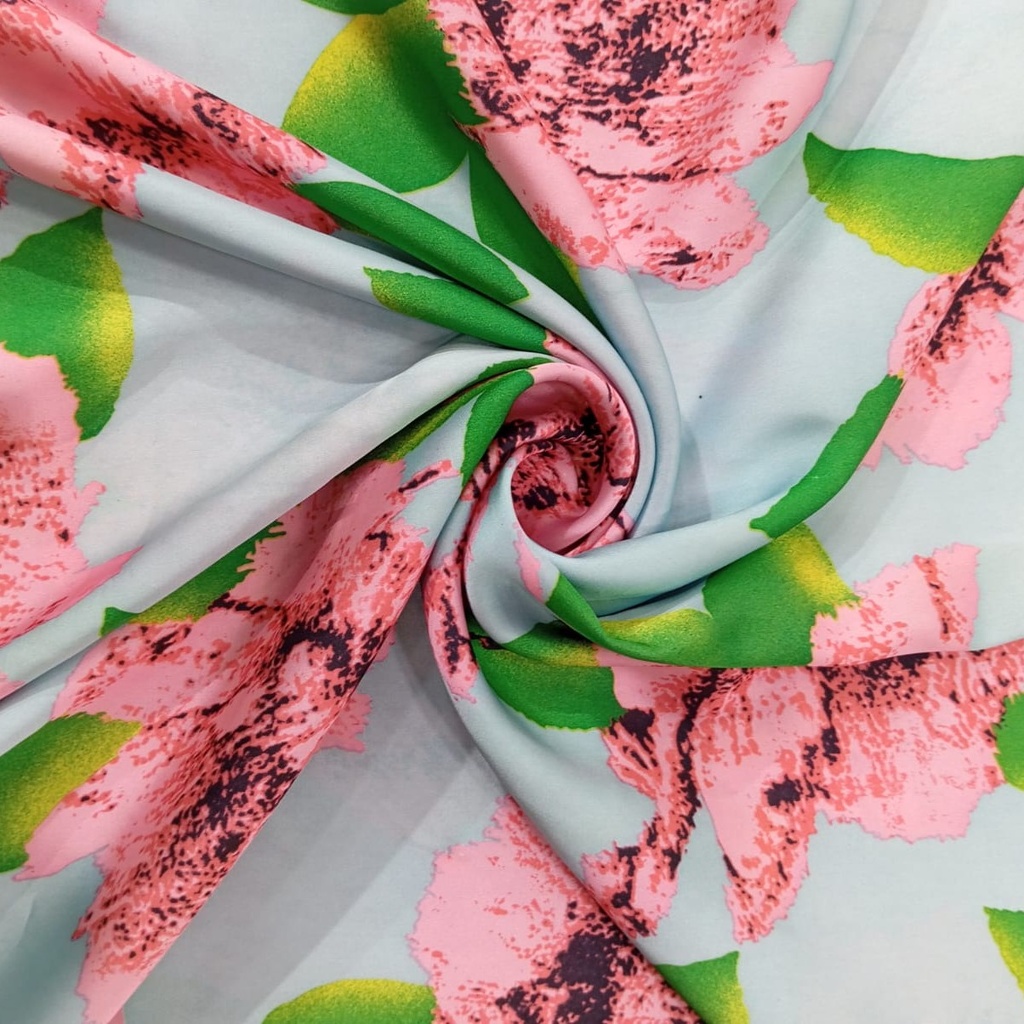 Pink Flower Print On Korean Satin S23 KSPS81