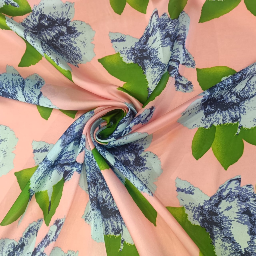 Peach Base Blue Flower Print On Korean Satin S24 KSPS92
