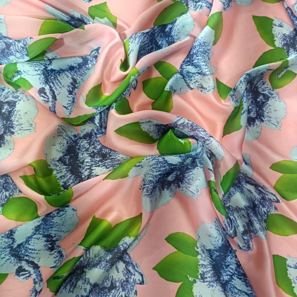 Peach Base Blue Flower Print On Korean Satin S24 KSPS92