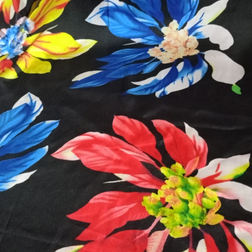 Black Base Flower Print On Korean Satin (SS24) KSPS41