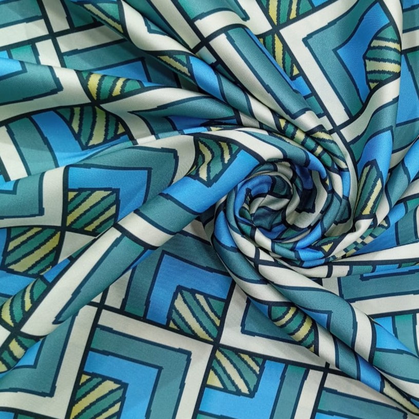 Blue Geometrical Box Print On Twill Satin (D#91C#3) TSPS38