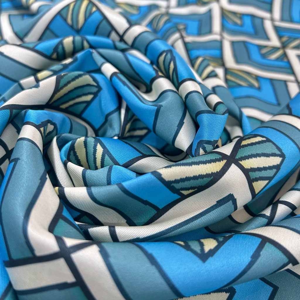 Blue Geometrical Box Print On Twill Satin (D#91C#3) TSPS38