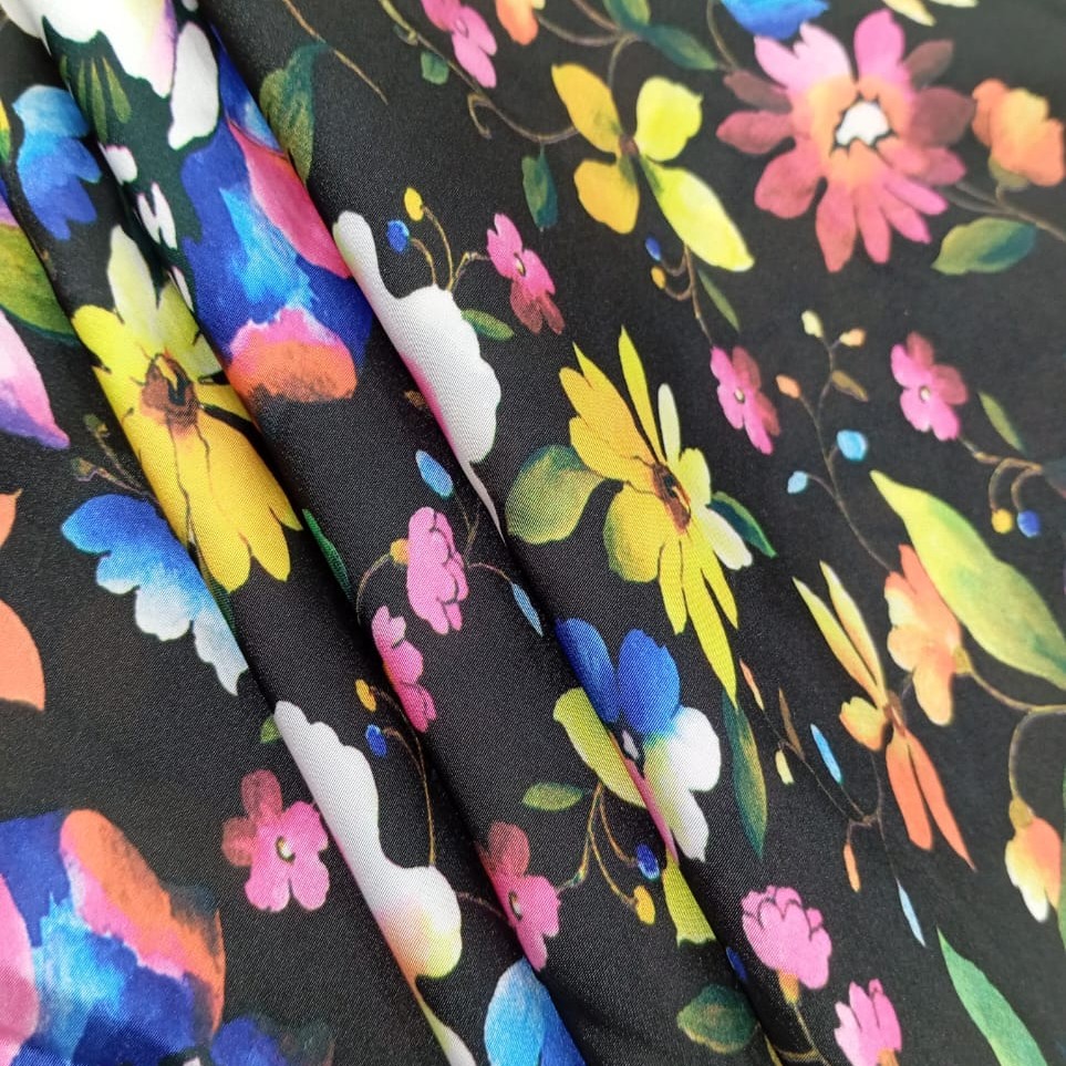 Floral Black Base Print On Korean Satin S24 KSPS24