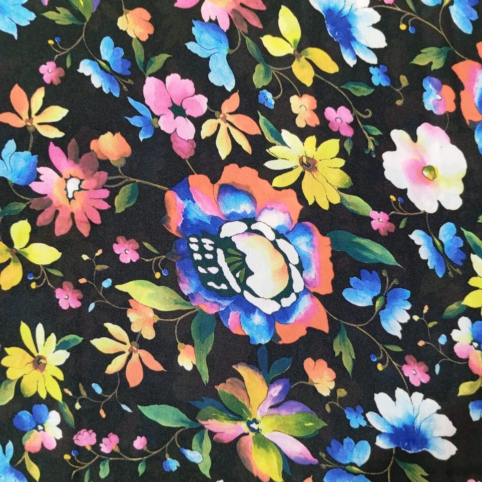Floral Black Base Print On Korean Satin S24 KSPS24