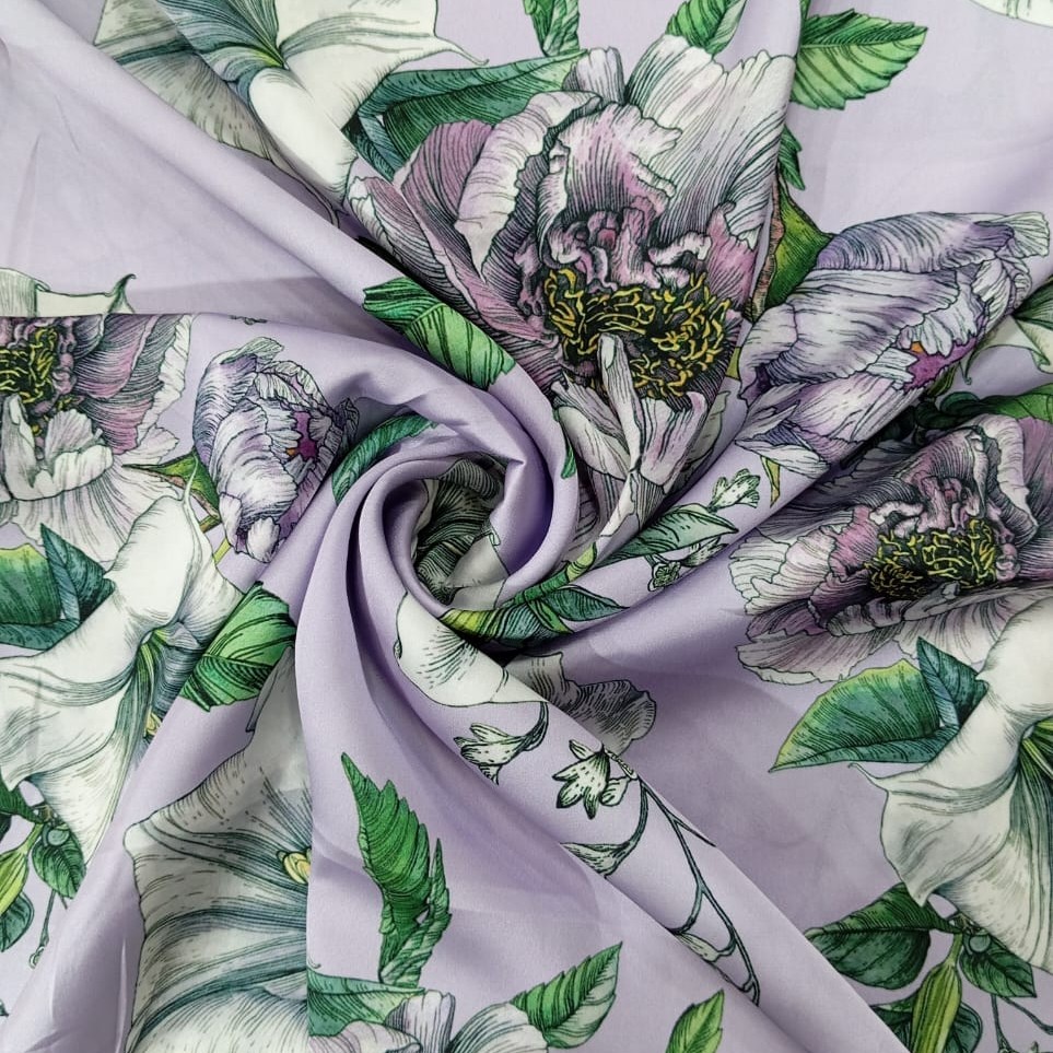 Voilet Base Hibiscus Flower Print On Korean Satin SS22A-KSPA42