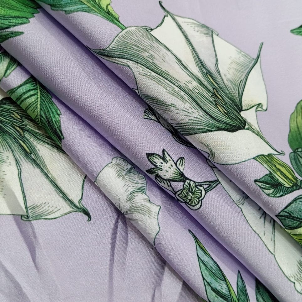 Voilet Base Hibiscus Flower Print On Korean Satin SS22A-KSPA42