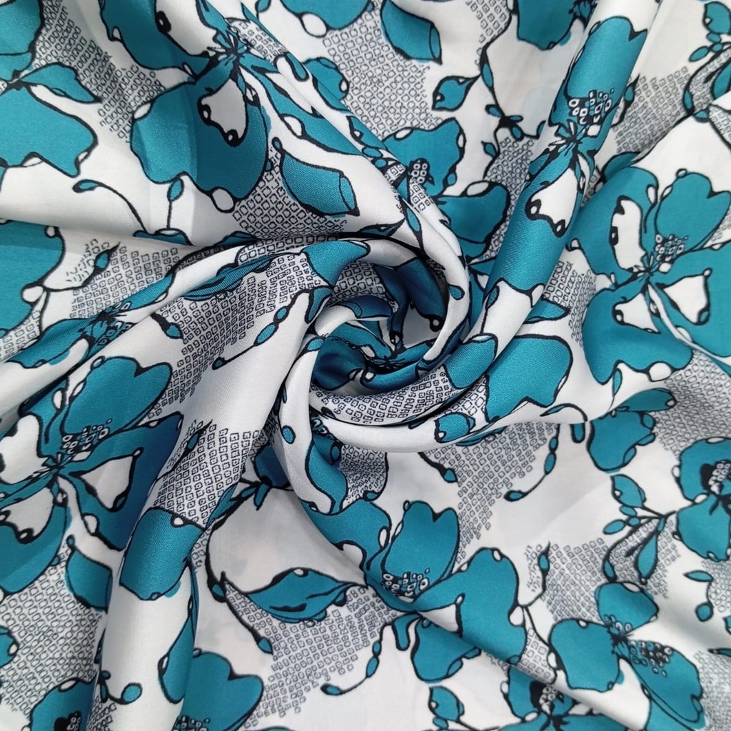 Blue Flower Print On Korean Satin SS22N KSPB67