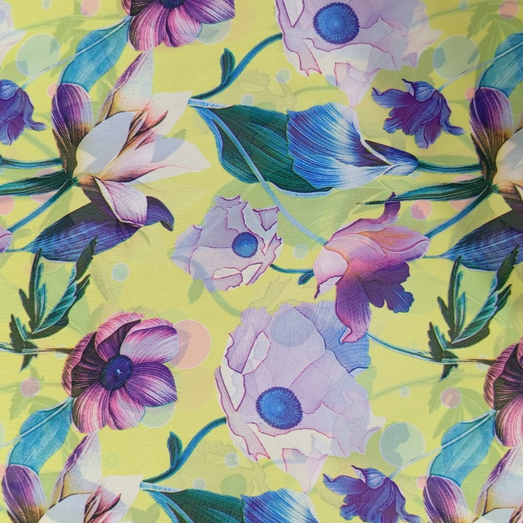 Yellow Base Flowers Print On Habutai Satin S24 HSPS61