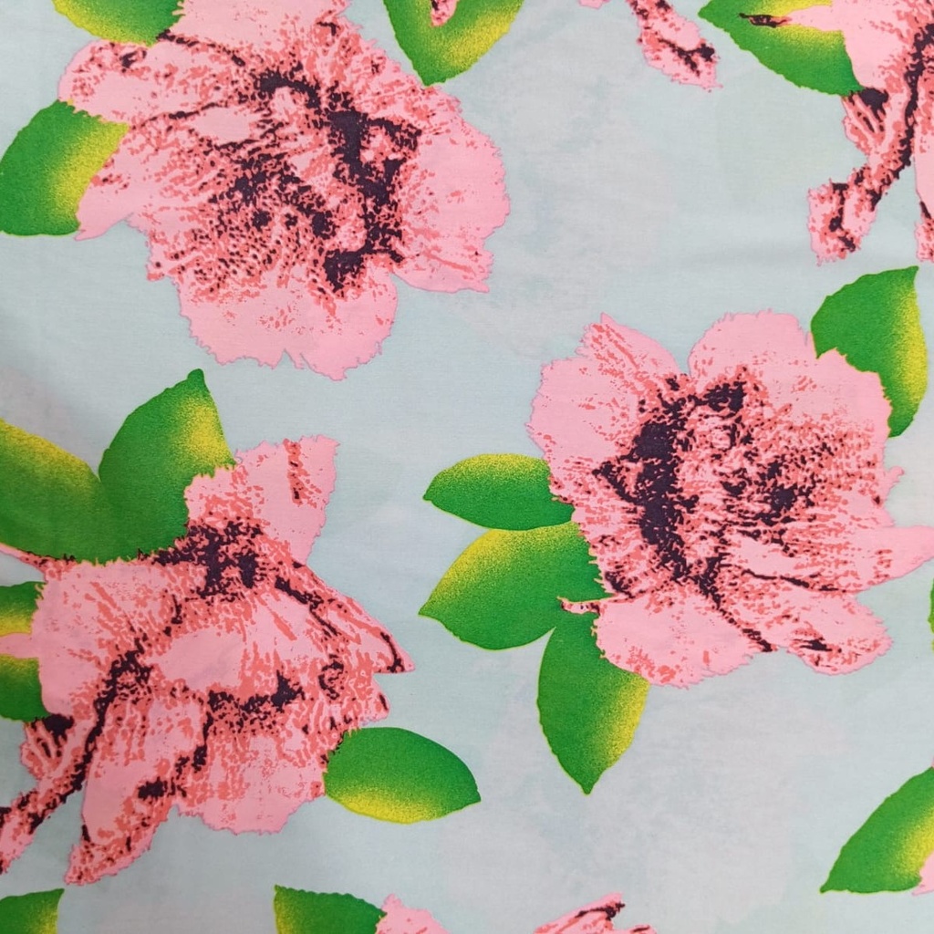 Pink Flower Print On Korean Satin S23 KSPS81