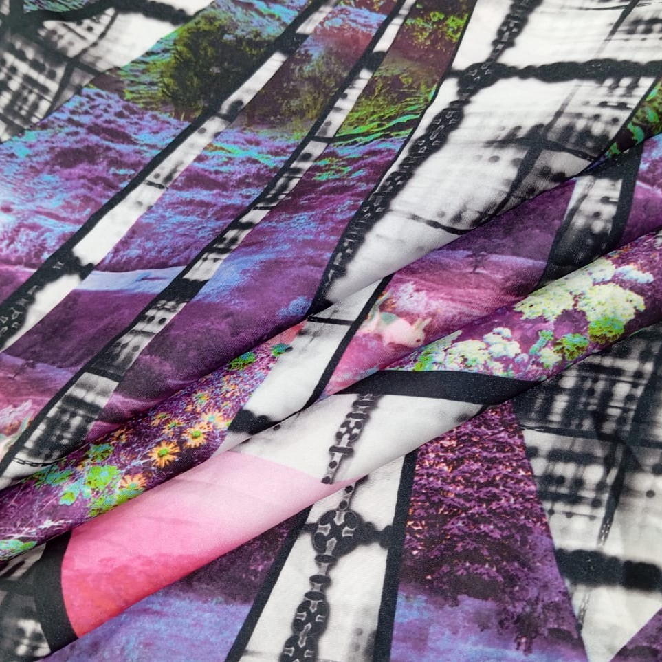 Voilet Mirror Garden Print On Korean Satin S23 KSPS111