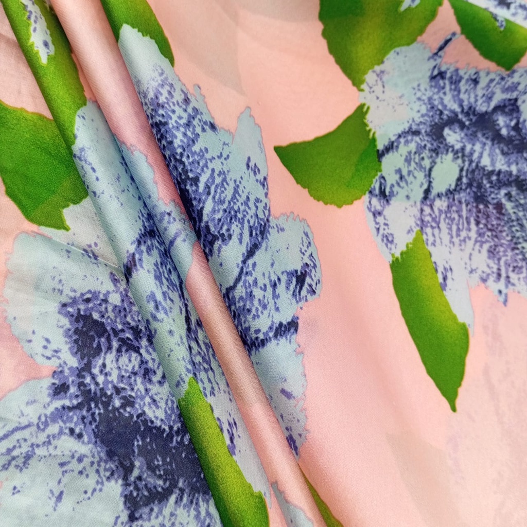 Peach Base Blue Flower Print On Korean Satin S24 KSPS92