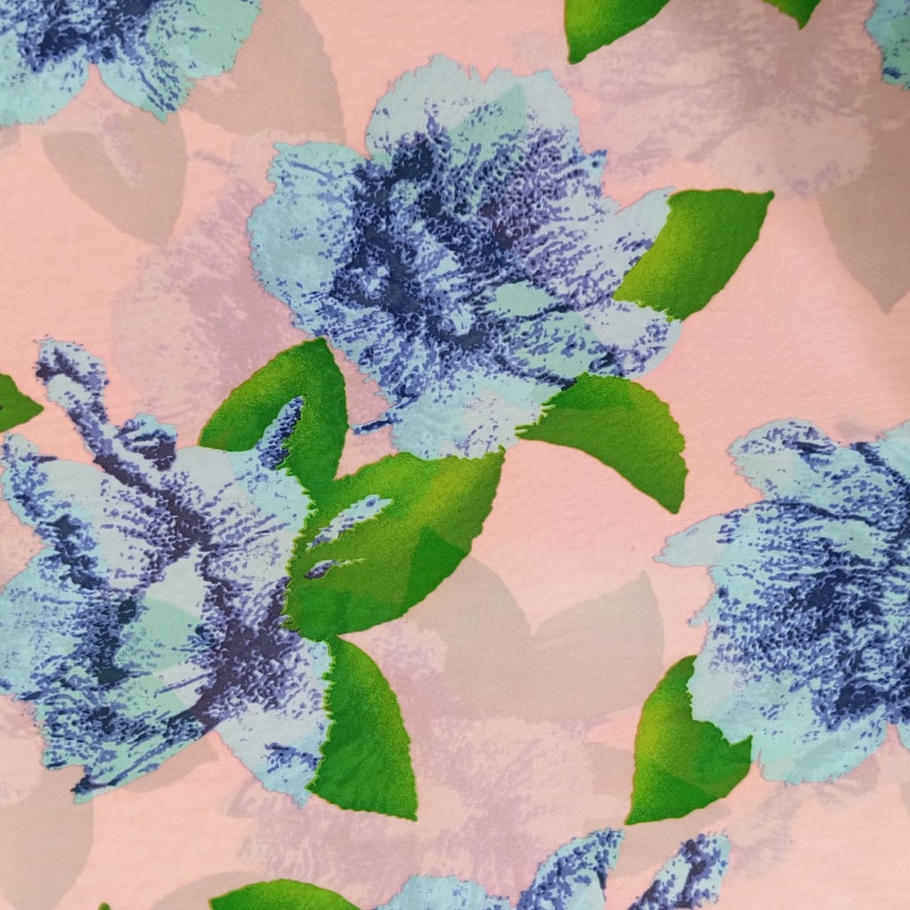 Peach Base Blue Flower Print On Korean Satin S24 KSPS92