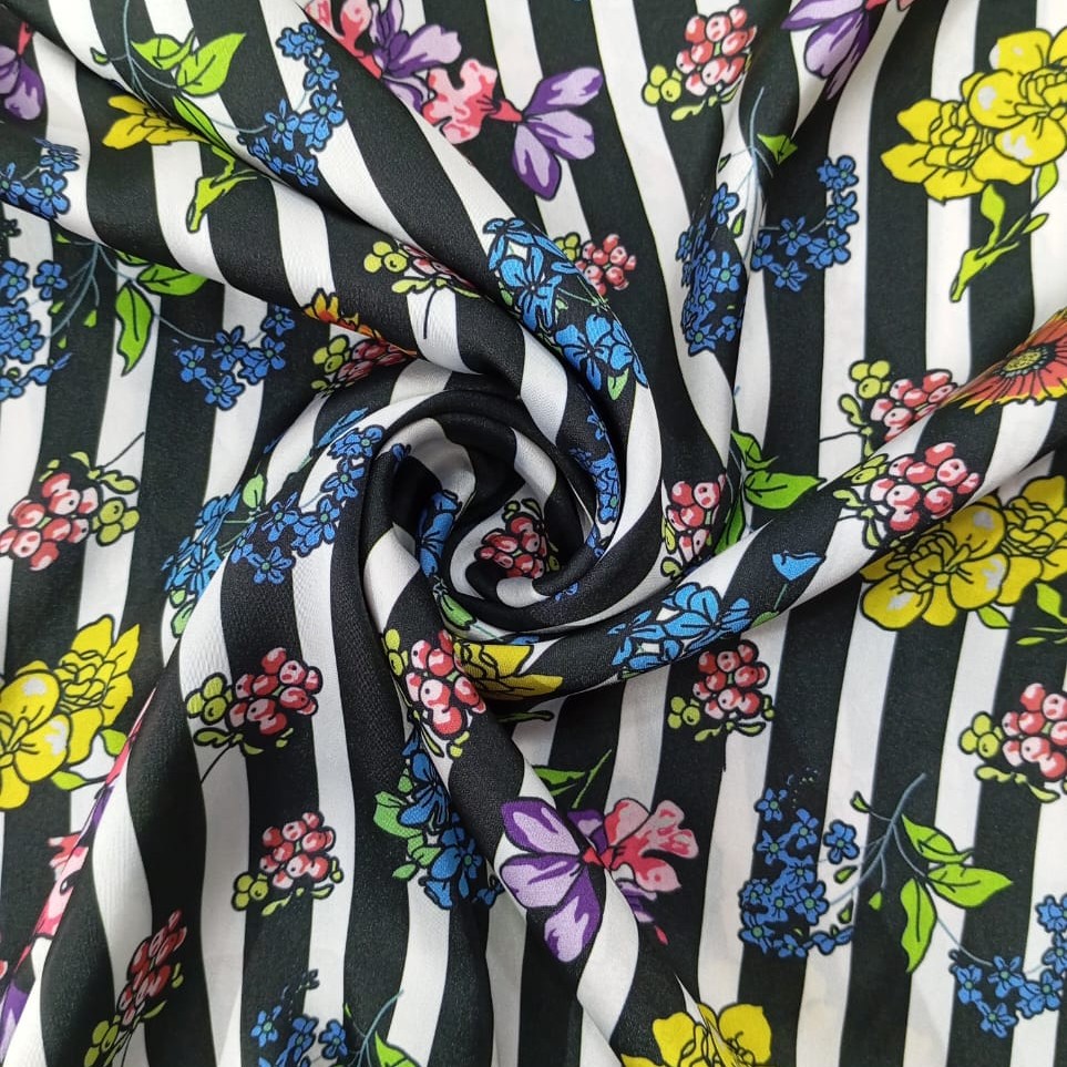 Flowered Black and White Stripes Print On Korean Satin S3-KSPS40
