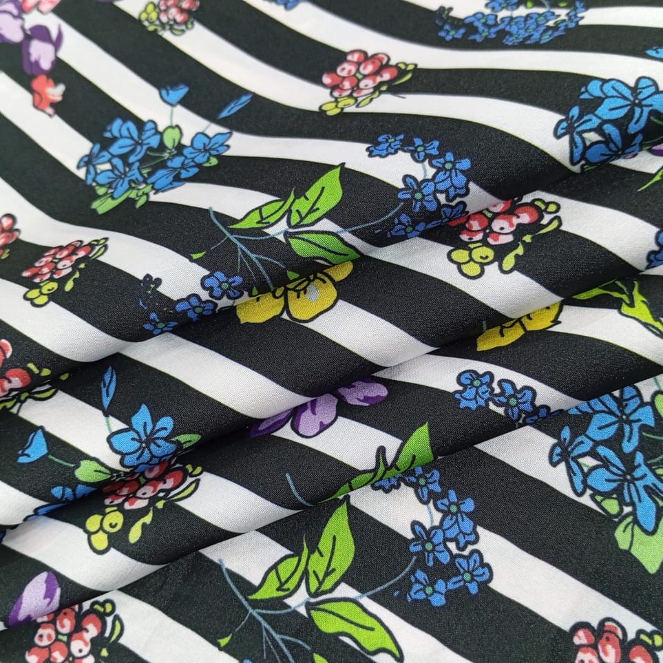 Flowered Black and White Stripes Print On Korean Satin S3-KSPS40
