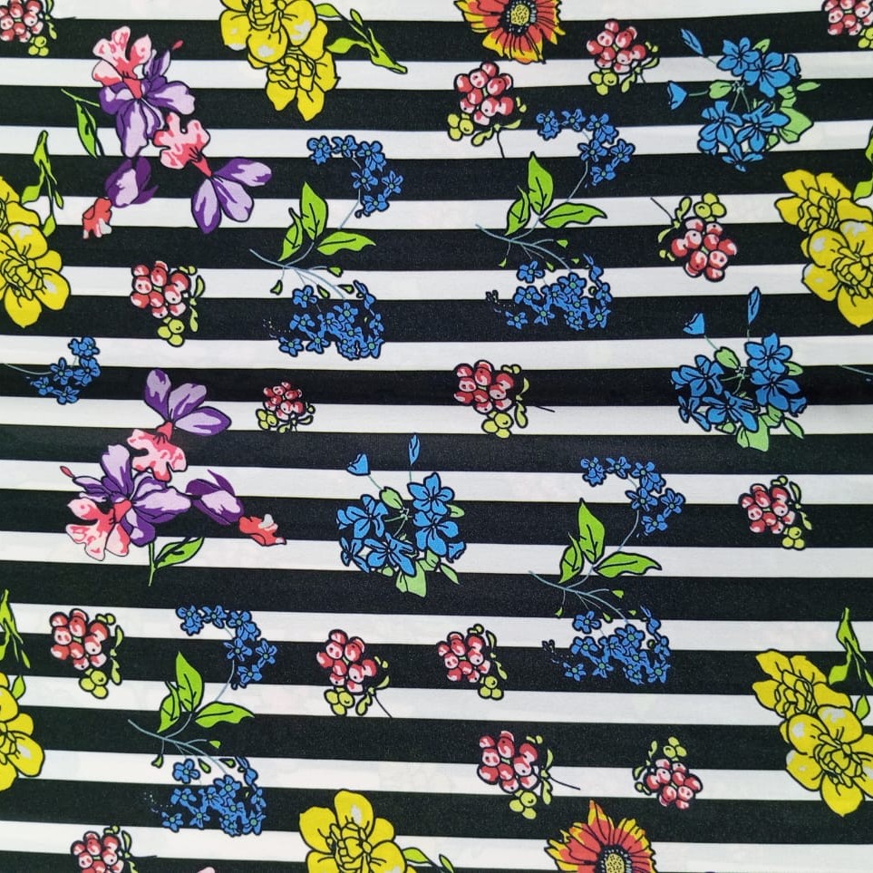 Flowered Black and White Stripes Print On Korean Satin S3-KSPS40