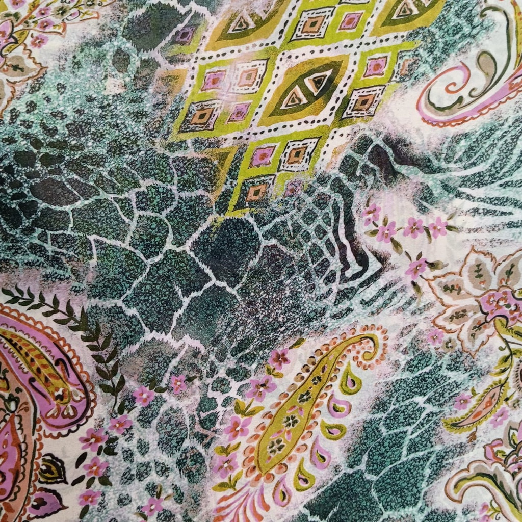 Green Base Abstract Pasiley Print On Habutai Satin S24 HSPS37