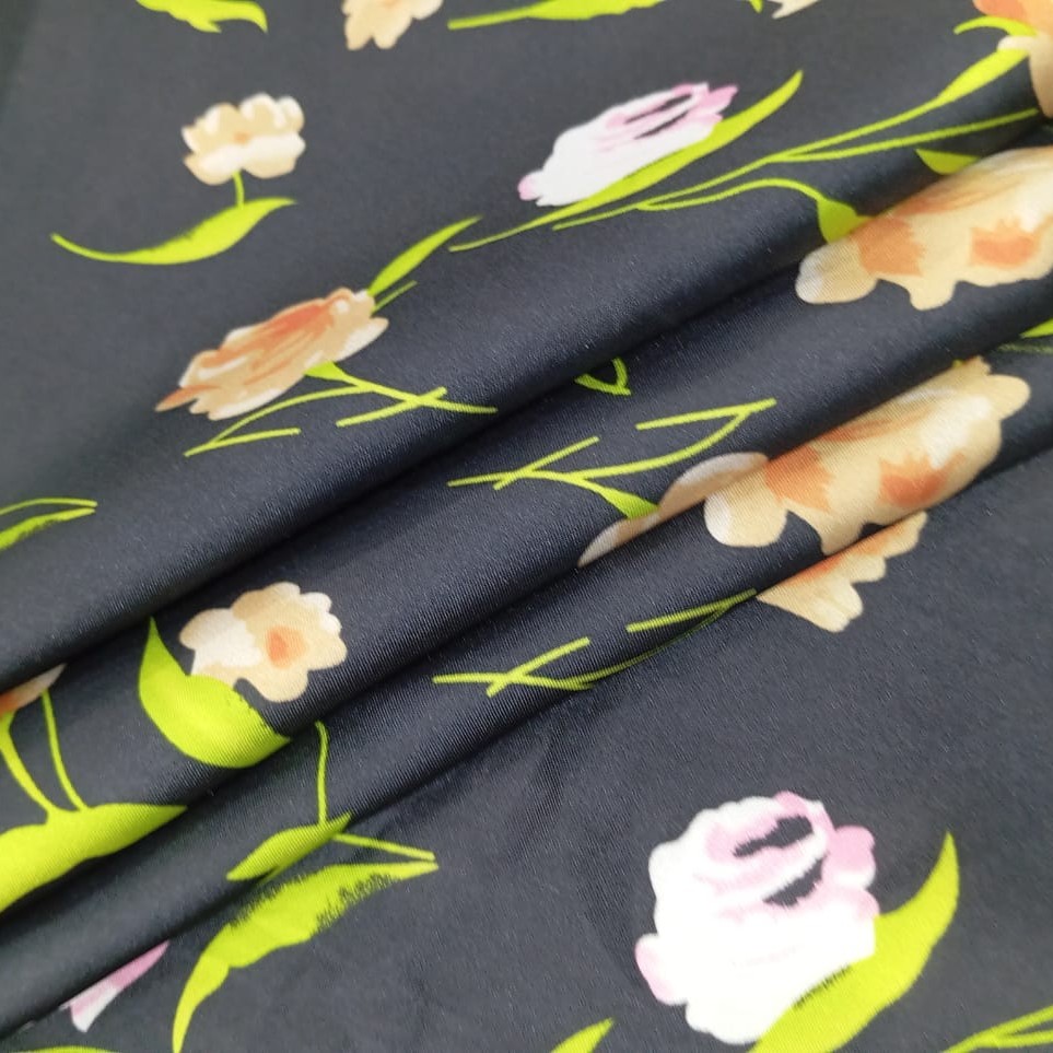 Black Base Flower Print On Habutai Satin S24 HSPS72