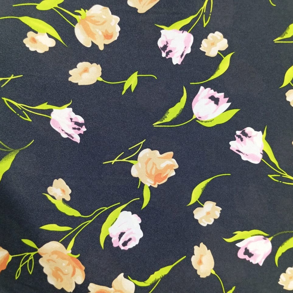 Black Base Flower Print On Habutai Satin S24 HSPS72