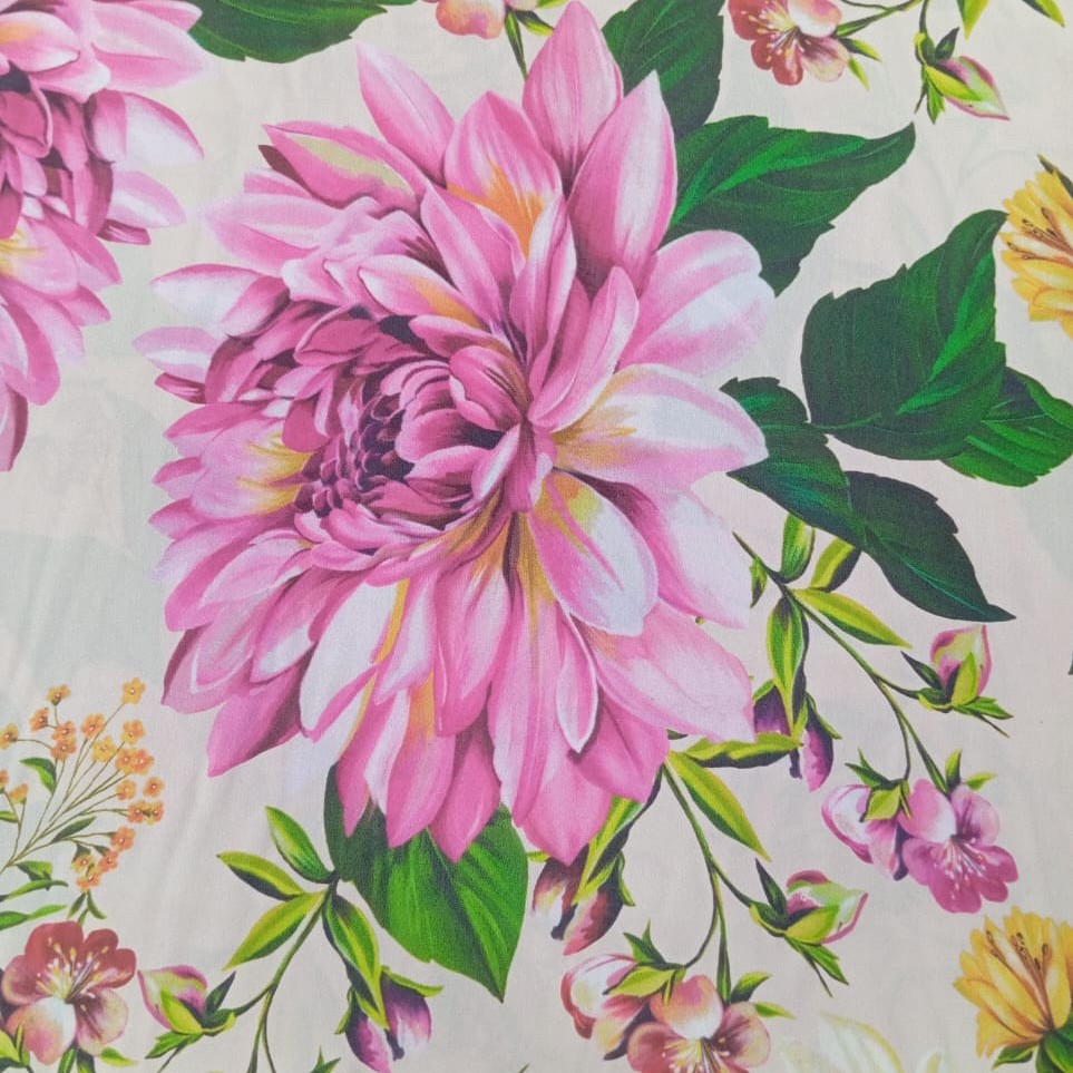 Pink Floral Garden Print On Korean Satin SS22A KSPA75