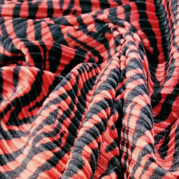 Stripe Velvet Burnout Printed Knitted Fabric (Zebra Print)(Aurora Red)
