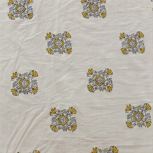 White Cotton Black Ethnic Floral Block Print On Woven Fabric