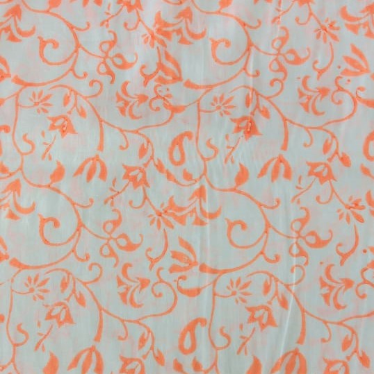 White Cotton Orange Paisley Block Print On Woven Fabric