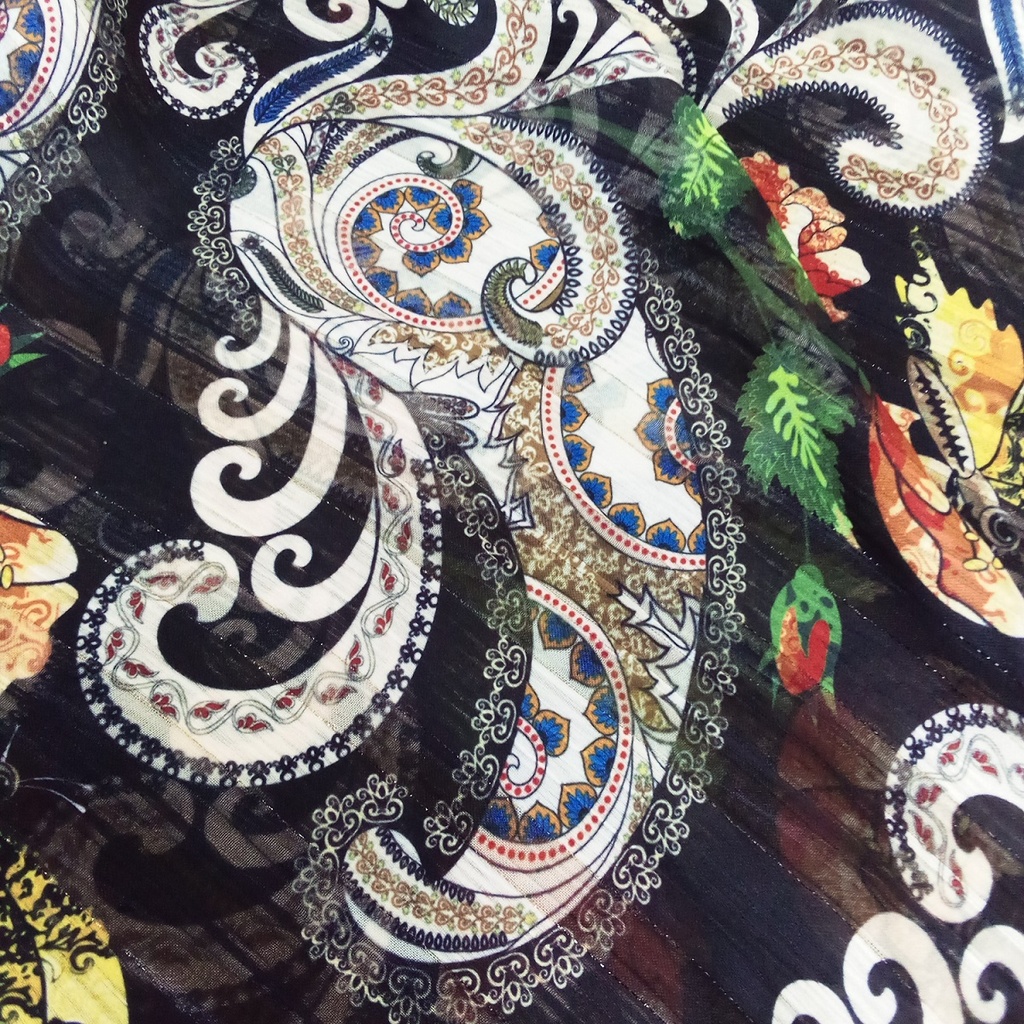 Chiffon Lurex Stripes White-Red Floral Print