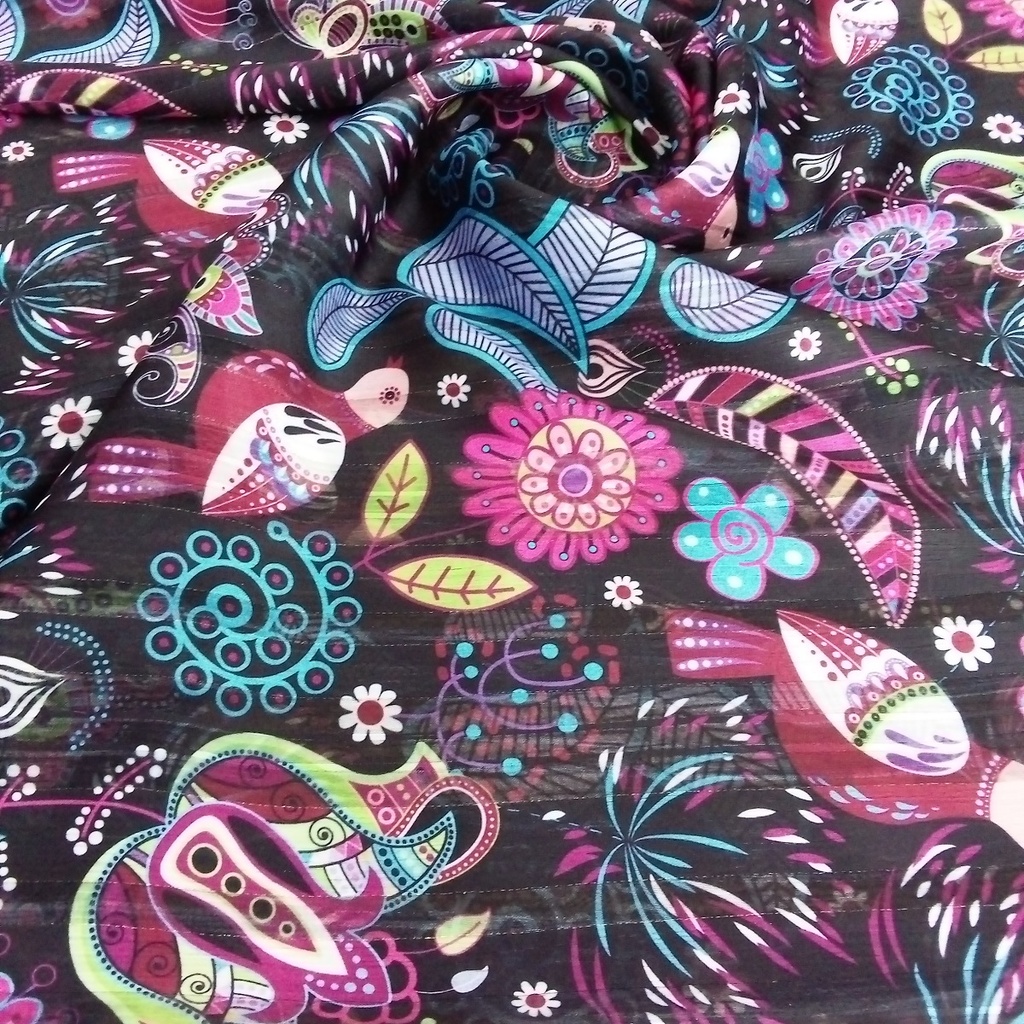 Chiffon Lurex Stripes Blue-Red Floral Bird Printed Fabric