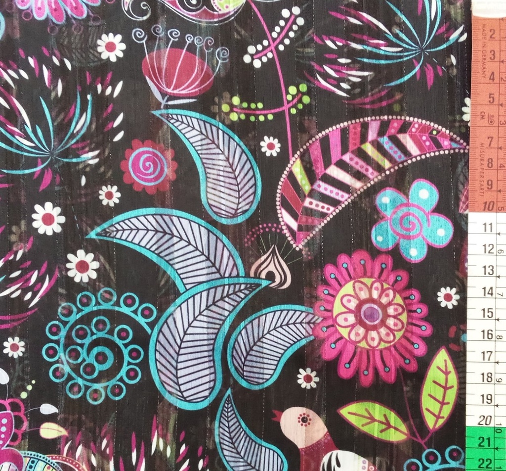 Chiffon Lurex Stripes Blue-Red Floral Bird Printed Fabric