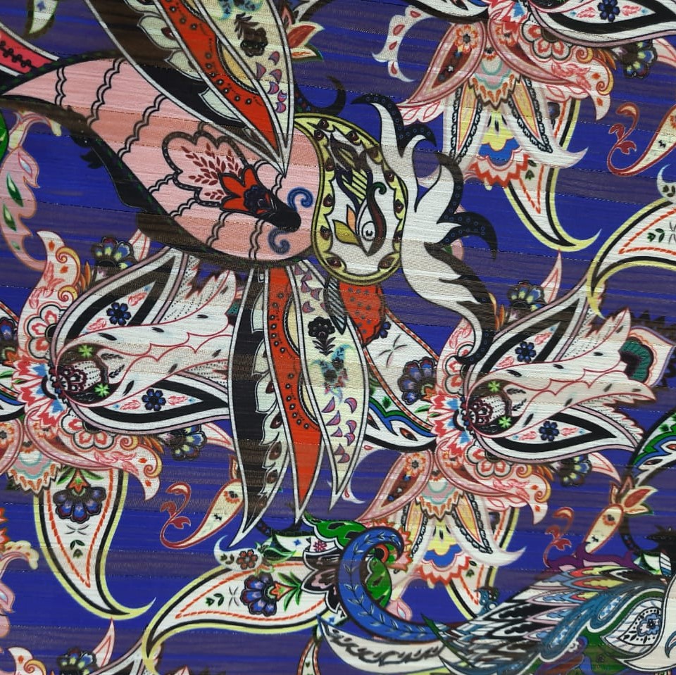 Chiffon Lurex Stripe White-Ice Peach Floral Bird Print