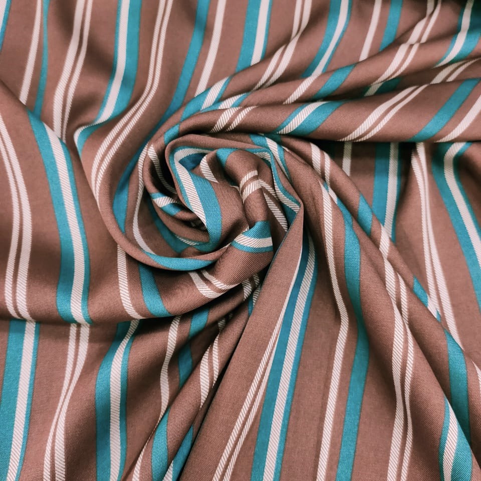 Brown And Green Stripes Print On Twill Satin Fabric